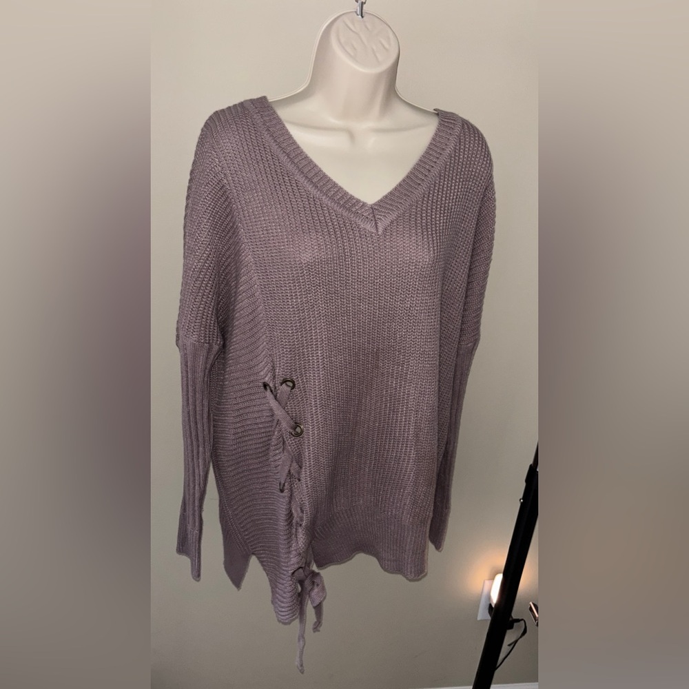 She + Sky Lavender V-Neck Sweater with Side Tie